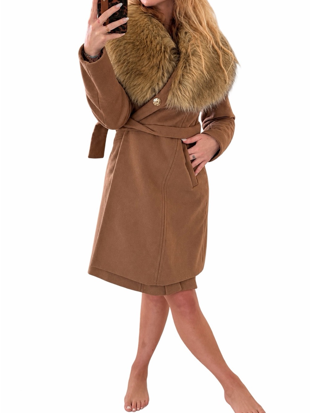 RARE!! Karl Lagerfeld Brown Wool Trench Coat with Faux Fur Collar - Picture 5 of 10